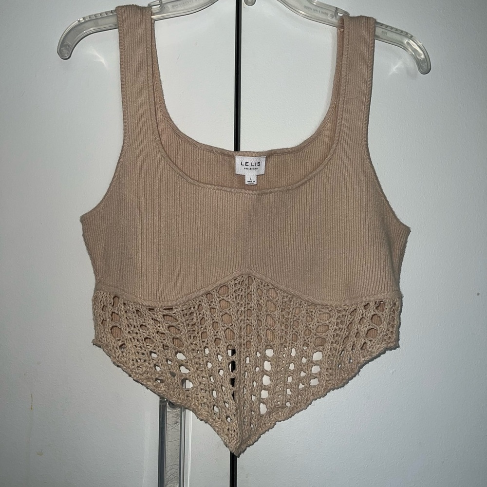 LE LIS Tan Crochet Knit Top